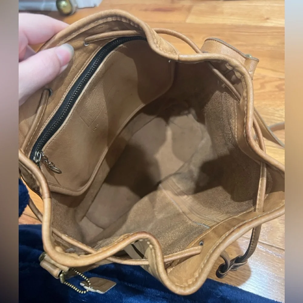 Coach Leather Drawstring Bucket Backpack in Tan